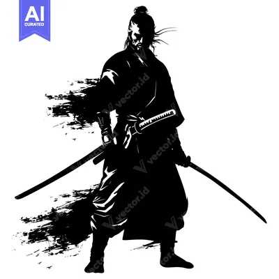 Aset premium populer: Silhouette of a Samurai Warrior with a Sword Drawn in a Black Ink Spla