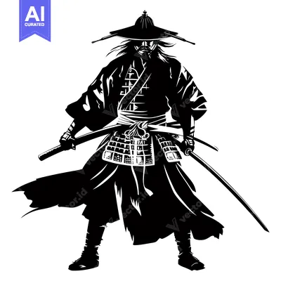 Aset desain premium: A silhouette of a samurai warrior with swords drawn.