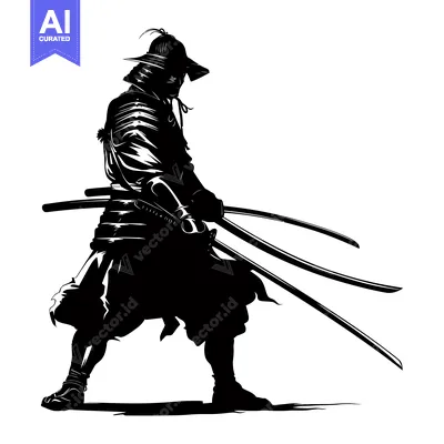 Aset desain premium: Silhouette of a Japanese Samurai Warrior Holding Two Swords