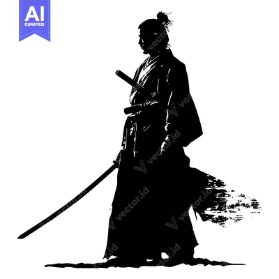 Aset desain premium: Silhouette of a Samurai Warrior Holding a Katana Sword