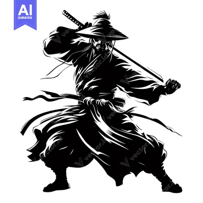Aset desain premium: A Black and White Silhouette of a Samurai Warrior in Action