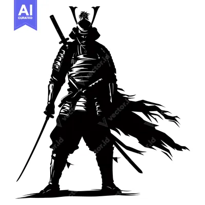 Aset desain premium: Silhouette of a Samurai Warrior with Two Swords