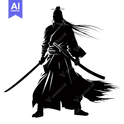 Aset desain premium: Silhouette of a Samurai Warrior Holding a Katana Sword