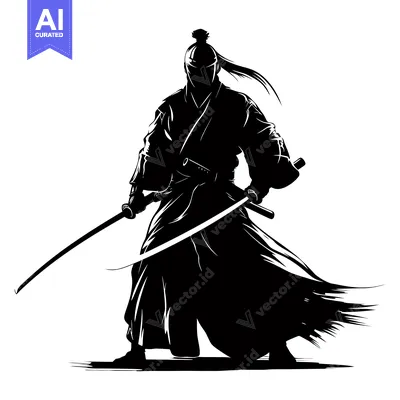 Aset desain premium: Silhouette of a Samurai Warrior with Two Swords Drawn