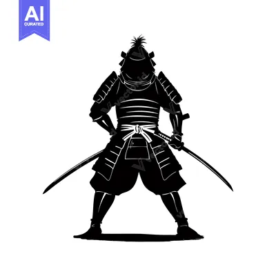 Aset desain premium: Silhouette of a Japanese Samurai Warrior in Full Armor Holding a Katan