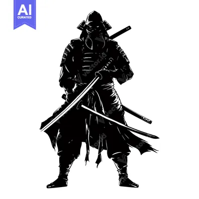 Aset desain premium: Black and White Silhouette of a Samurai Warrior Holding a Katana