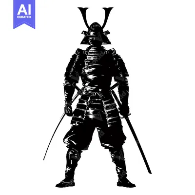 Aset desain premium: Silhouette of a Japanese Samurai Warrior in Full Armor Holding Two Swo