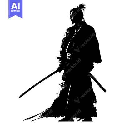 Aset premium populer: Black and White Silhouette of a Samurai Warrior Holding a Sword