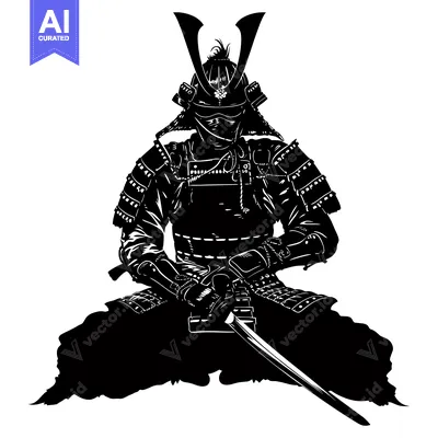 Aset premium populer: A Silhouetted Samurai Warrior in Seiza Position Holding a Katana