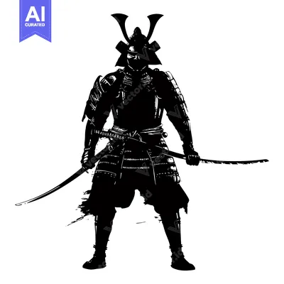 Aset premium populer: A Silhouette of a Samurai Warrior in Full Armor Holding a Katana