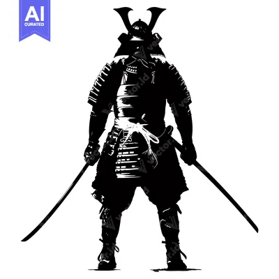 Aset desain premium: A Silhouetted Samurai Warrior in Full Armor Holding Two Swords