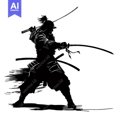 Aset desain premium: Silhouette of a Samurai Warrior in a Combat Stance with Two Swords Dra