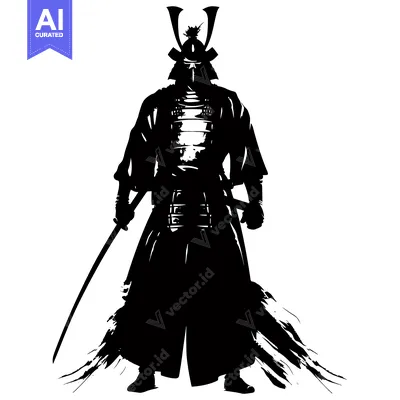 Aset desain premium: A Silhouetted Samurai Warrior in Full Armor with a Sword