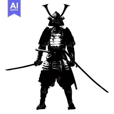 Aset premium populer: Black and White Silhouette of a Samurai Warrior with Two Swords
