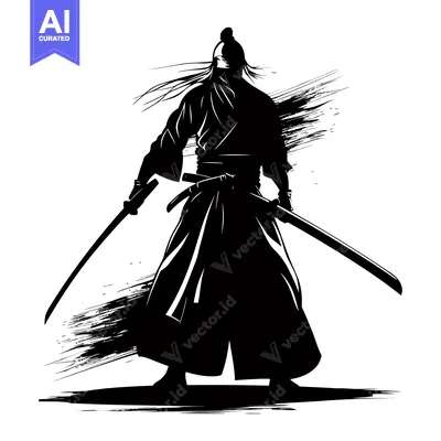 Aset desain premium: Silhouette of a Samurai Warrior Holding Two Swords