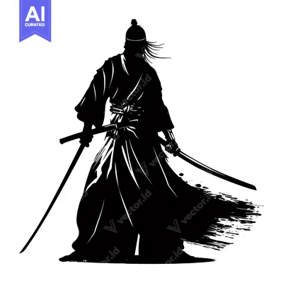 Aset premium populer: Silhouette of a Samurai Warrior Holding Two Swords