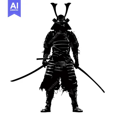 Aset premium populer: Silhouette of a Samurai Warrior in Full Armor with Two Swords