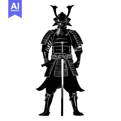 Aset desain premium: Silhouette of a Samurai Warrior in Full Armor Holding a Sword