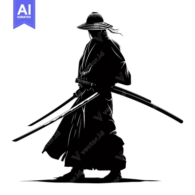 Aset desain premium: Silhouette of a Samurai Warrior Holding Two Swords