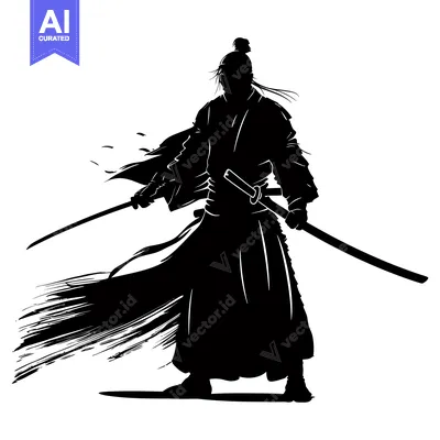 Aset premium populer: A Silhouette of a Samurai Warrior Holding a Sword