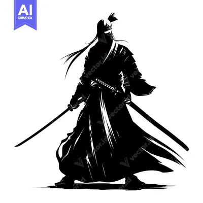 Aset desain premium: A silhouette of a Japanese samurai warrior with a katana sword
