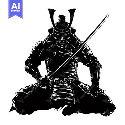 Premium design asset: A Black and White Silhouette of a Seated Samurai Warrior