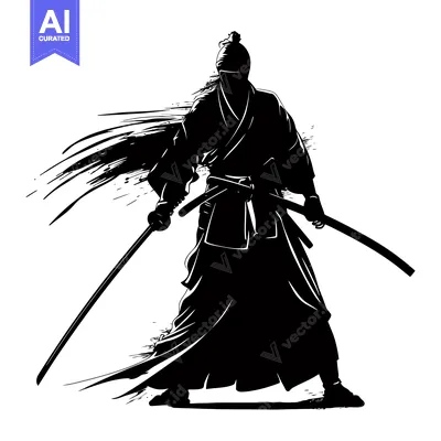 Aset desain premium: A Silhouette of a Samurai with Two Swords Drawn