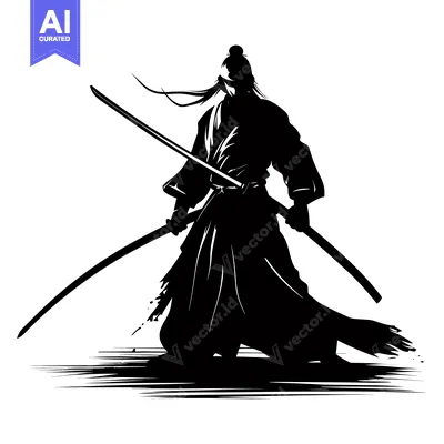 Aset desain premium: Silhouette of a Samurai Warrior Holding Two Swords