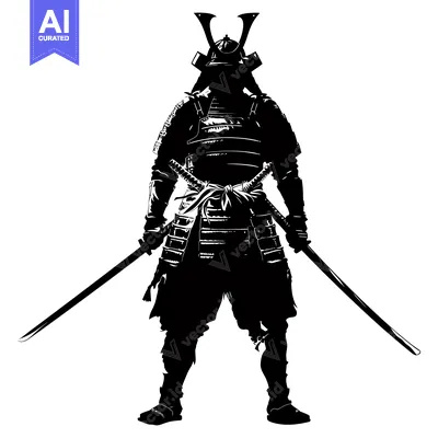 Aset desain premium: A Silhouetted Samurai Warrior in Full Armor with Two Swords