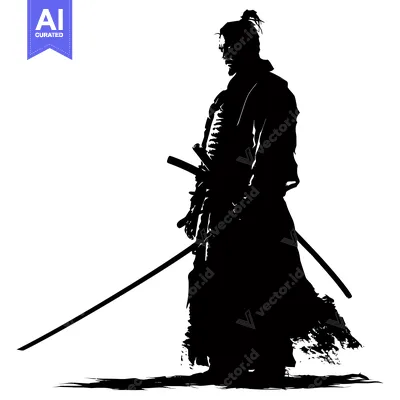 Aset desain premium: Silhouetted Samurai Warrior Holding a Katana Sword