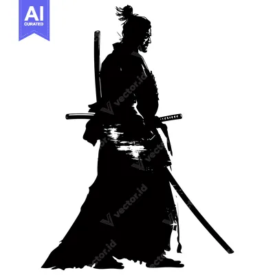 Aset desain premium: Silhouette of a Japanese Samurai Warrior with Swords