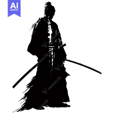 Aset desain premium: Black and White Silhouette of a Samurai Holding a Katana