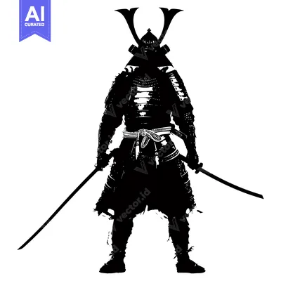Aset premium populer: A Silhouette of a Samurai Warrior in Full Armor Holding Two Swords