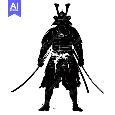 Aset premium populer: Silhouetted Samurai Warrior in Full Armor Holding Two Swords