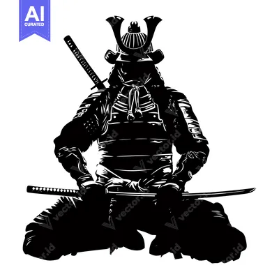 Aset desain premium: Black and White Silhouette of a Seated Samurai Warrior with Swords