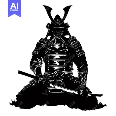 Aset desain premium: A Black and White Silhouette of a Seated Samurai Warrior
