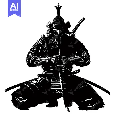 Aset desain premium: Silhouetted Samurai Warrior in Traditional Armor Holding a Sword