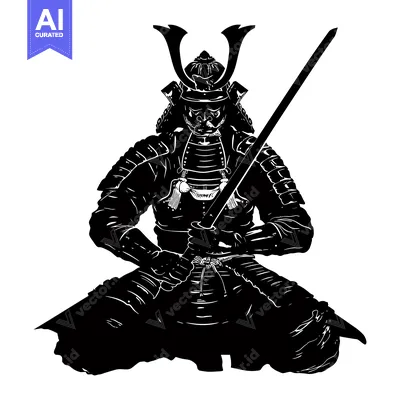 Aset desain premium: Black and White Silhouette of a Seated Samurai Warrior Holding a Sword