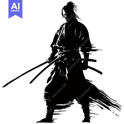 Aset desain premium: Silhouette of a Samurai Warrior Holding Two Swords