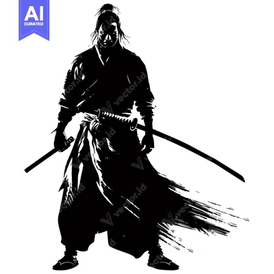 Aset desain premium: Black and White Silhouette of a Samurai with a Katana