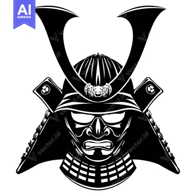 Aset desain premium: Black and White Illustration of a Samurai Helmet with a Snake Design