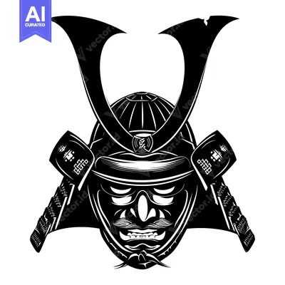 Black and White Illustration of a Samurai Helmet