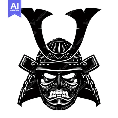 Aset desain premium: Black and White Illustration of a Samurai Warrior's Helmet and Face