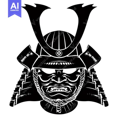 Aset desain premium: Black and White Silhouette of a Samurai Warrior's Head