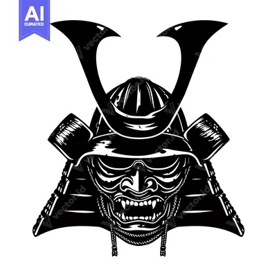 Aset desain premium: Black and White Illustration of a Traditional Japanese Samurai Helmet