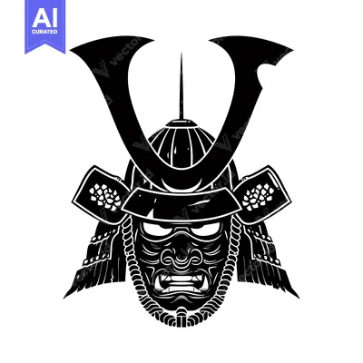 Aset desain premium: Black and White Illustration of a Samurai Warrior's Helmet and Mask