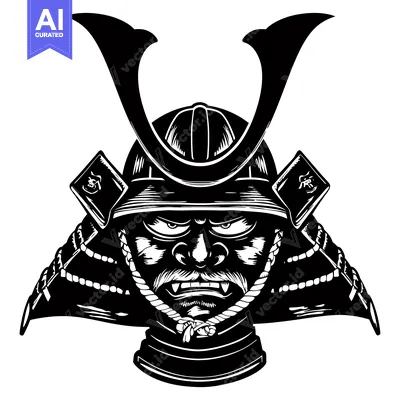 Aset premium populer: Black and White Illustration of a Samurai Warrior's Face in Full Armor