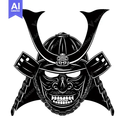Aset desain premium: Black and White Illustration of a Samurai Helmet with a Ferocious Face