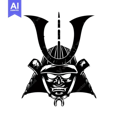 Aset desain premium: Black and White Illustration of a Samurai Warrior's Face