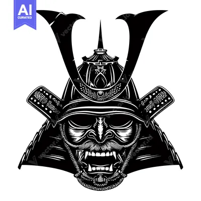 Aset premium populer: Black and White Illustration of a Samurai Warrior's Helmet and Face